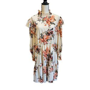 SHEIN  Womens Beige Floral Mock Neck Blouson Peasant Cottagecore Dress Size 2XL